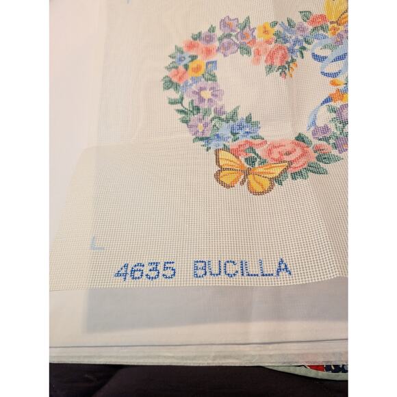 Vtg Bucilla Needlepoint Butterfly Wreath Mesh Design 1990 14" x 14" 4635 - Picture 6 of 8
